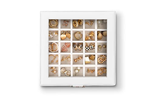 Glenor Co Earring Organizer - Classic 50 Section Jewelry Box/Case/Holder for Earrings, Rings, Necklaces, Jewelry, Cufflinks or Collections -2 Layer Small Compartments with Large Glass Top - White by Glenor - Used condition - US$38.25