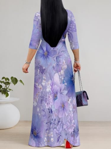 Image of PinkPatty Plus Size Maxi Dress for Women Casual V Neck 3 /4 Sleeve Boho Printed Long Dress with Pockets