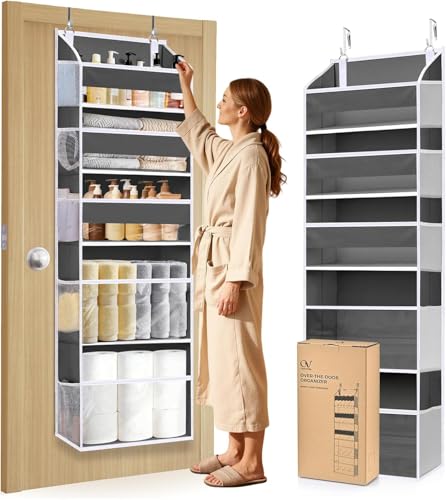 Ordovibe 5 Tiers Over Door Organizer with 10 Mesh Side Pockets, 44 lbs Weight Capacity Hanging Storage Organizer with Clear Window Kids Toys, Shoes, Diapers, Dark Gray