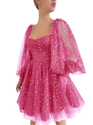 Maxianever Sparkly Homecoming Dresses Short for Teens Puffy Sleeves Starry Tulle Prom Dresses Graduation Mini Gowns Women