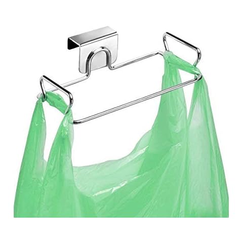 Qamfort Hanging Trash Bag Holder Stainless Steel Kitchen Trash Rack Over The Door Plastic Bag Trash Bin for Cabinets Cover