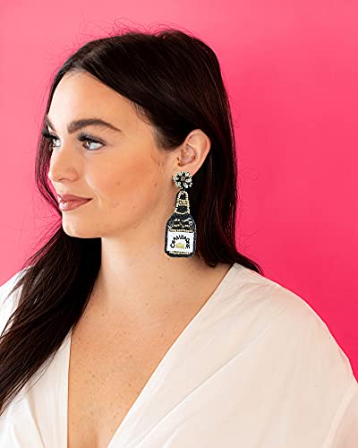 Dvacaman 2 Pairs Beaded Fun Champange Bottle Earrings Sets For Women Girls Handmade Bead Champagne Bottle Sparkling Wine Drop Dangle Earring Statement Jewelry(Black & Pink) #TOP2