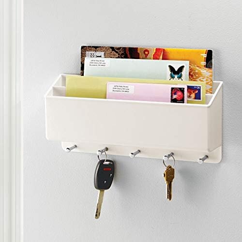 mDesign Modern Letter Holder for Porches, Hallways & Kitchens  Plastic Wall Mounted Key Rack with 5 Hooks  Fashionable Letter Rack  Cream