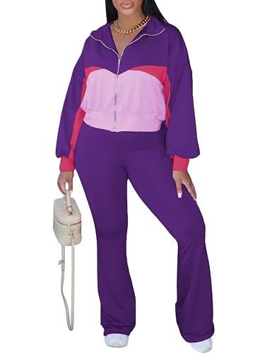 HBQ Women's 2 Piece Tracksuit Set Zip Up Jacket Flare Leg Pants | Color Block Matching Set with Zip Up Jacket and High Waist Flare Pants for Casual, Travel and Everyday Wear - Large - Dark Purple