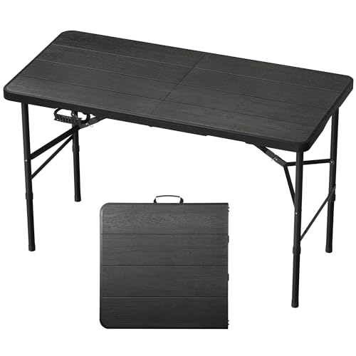 RootRise 4Ft Folding Table Portable Folding Tables Heavy Duty 400 lbs Capacity, Wood Grain Tabletop for Working Meeting Parties, Picnic, Camping, Weddings, Garden Dining-Black (4FT)