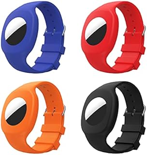 MoKo 4 Pack Wristband Compatible with Apple AirTag 2021, Soft Silicone Adjustable Watch Strap Bracelet with Transparent Protective Case for Kids Children, Black/Dark Blue/Red/Orange