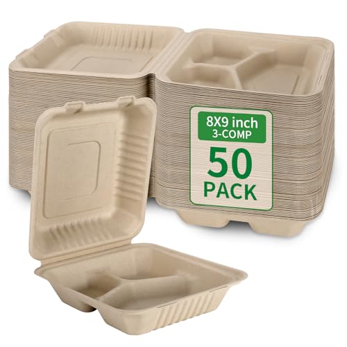 Aricsen 50 Pack 3 Compartment Compostable 8x9 Inch Takeout Lunch Box Containers with Lid To Go Take Out...