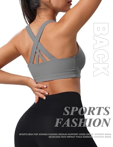 Image of Buauty 2 Packs Sports Bras for Women, High Impact Yoga Workout Bra, High Support Criss-Cross Back Bras for Large Bust, Wireless Padded Athletic Strappy Racerback Sports Bra, Black+Grey L