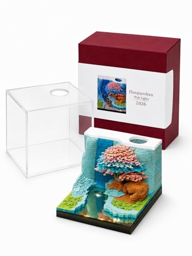 3D Creative Time Piece Calendar 2026 Desk Weekly Calendar Decoration with LED Light and Acrylic Case Paper Sculpture Non-stick Notes Paper Carving Art Craft Memo Pad (Flower Mountain)
