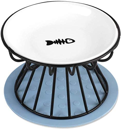 Cat Bowl-Raised Cat Food Bowl,Elevated Cat Feeder Bowl Stand, Food & Water Anti Vomiting Shallow Ceramic Cat Dish, with Non-Slip Mat Pet Bowl for All Cat (Black)