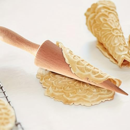 Pizzelle Roller,Wooden Ice Roller Pizzelle Maker Ice Krumkake Tool for Kitchen DIY Dessert Cooking Baking Decorating (Khaki, 24x4cm)