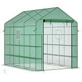 Outsunny 8' x 6' x 7' Walk-in Greenhouse with Mesh Door and Windows, 18 Shelf Green House with Trellis, Plant Labels, UV Protective for Growing Flowers, Herbs, Vegetables, Saplings, Green
