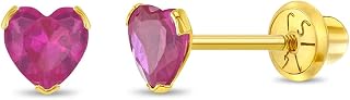CZ Birthstone Heart Kids Earrings - 14k Yellow Gold Earrings for Girls with Safety Screw Backs - Safe & Comfortable for Toddlers, Kids & Little Girls