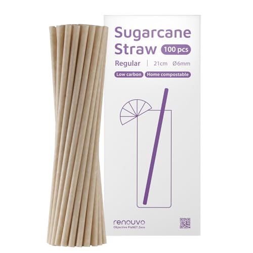RENOUVO Sugarcane Straws - Home-compostable, Carbon Footprint Verified, Plastic-free, PFAS-free, Eco-friendly Straws for Sodas, Juices, Coffee & More (REGULAR STRAW PACK of 100 SIZE 8.27