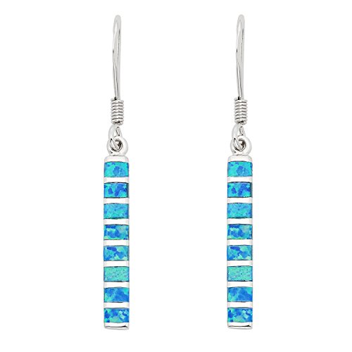 Sterling Silver Created Blue Opal Vertical Bar Dangle Earrings