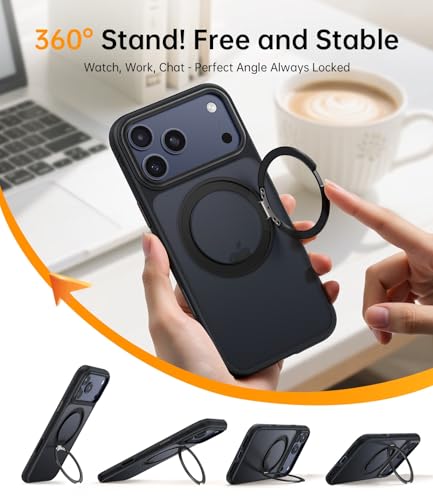 Peerock 360° Magnetic Stand Case,[Camera Control Button] Mil-Grade Protection Shockproof Slim Translucent Matte Ring Kickstand Case 6.3 Inch, Black