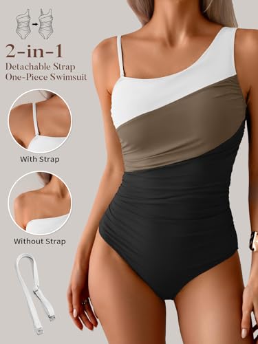 Image of Aidonger One Shoulder One Piece Swimsuit for Women Tummy Control Bathing Suits Color Block Ruched Swim Suit Slimming Swimwear