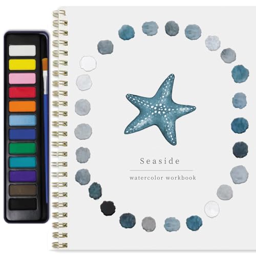Watercolor Workbook Water Coloring Book 12 Different Patterns of Original DIY Designs 12 Colors Watercolor Paint Set with Palette and Brush Beginner-Friendly Watercolor WorkbooksSeaside