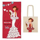 IllustrArte Pack Regalo Flamenco Toalla Microfibra “Pepa Feliz” 80x155 cm + Bolsa de Tela Cádiz “Pepa” – Diseño Flamenca con Lunares – Playa, Piscina, Gimnasio y Regalo