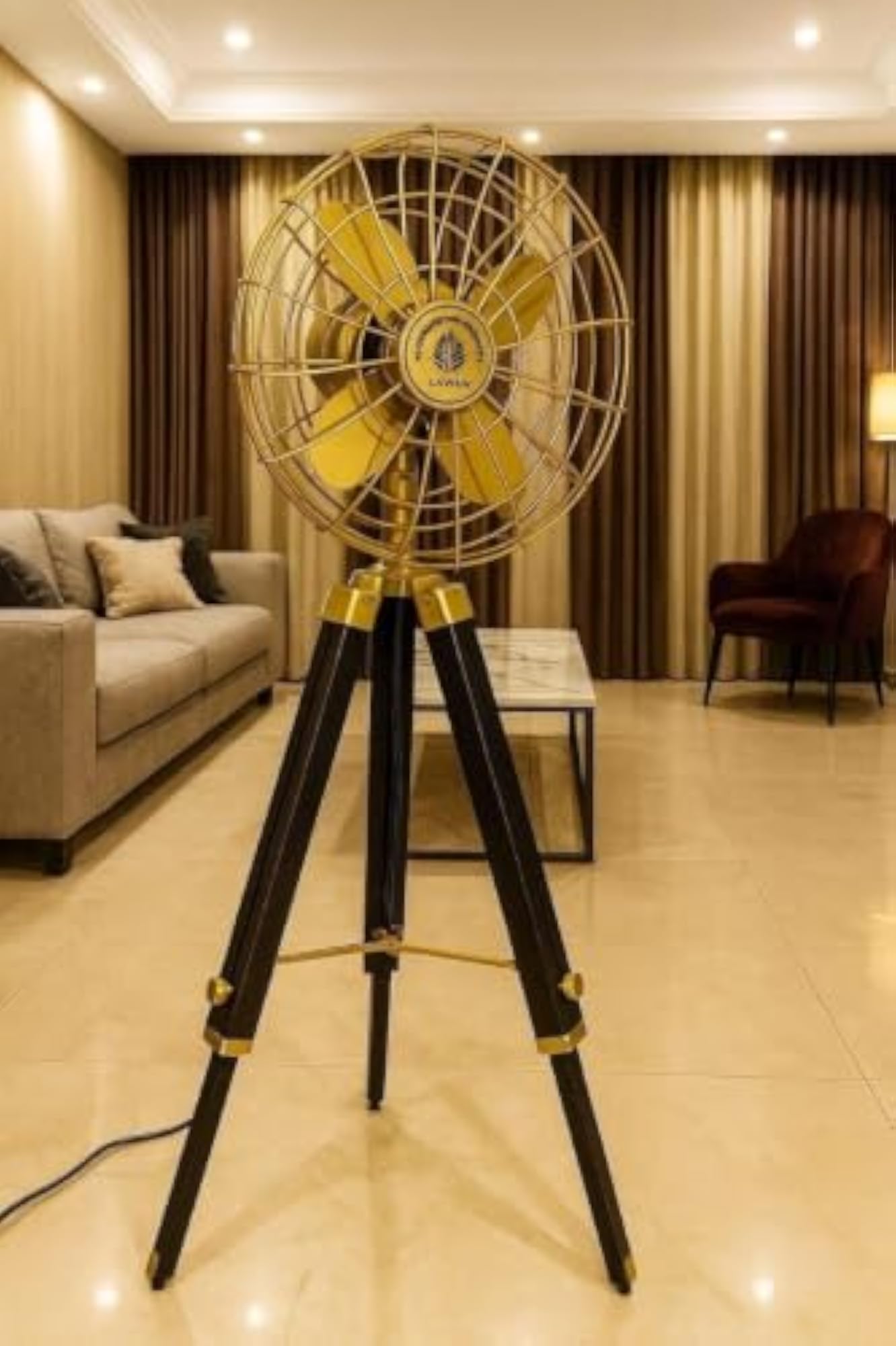 Industrial Tripod Floor Fan with Wooden Stand, Adjustable Height