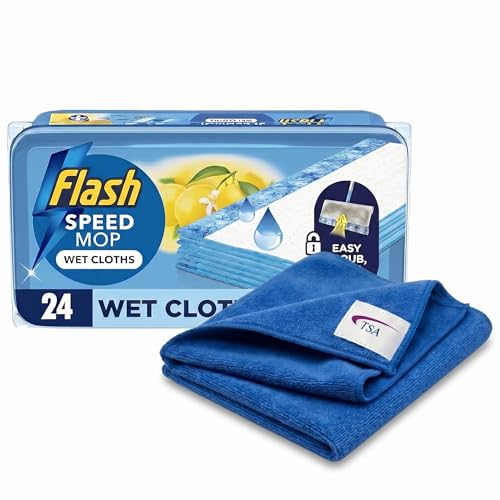 Image of Flash Speed Mop Wet Floor Cleaning Wipes 24 Cloths Antibacterial Lemon Scented Cloth Refills Multi-Surface Floor Wipes Trap & Lock Daily Dirt, Grease & Grime - Comes with Microfiber Cloth