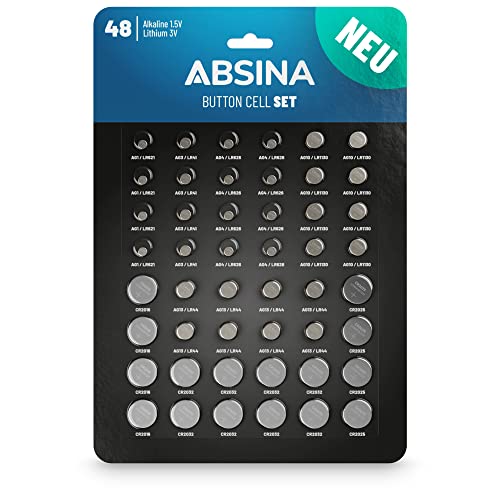 ABSINA Pack de 48 Pilas botón Alcalinas & Litio - 4X AG1 LR621, AG3 LR41, CR2016, CR2025 / 8X AG4 LR66, AG10 LR1130, AG13 LR44, CR2032 - Pila 1,5V & 3V - Baterías de botón