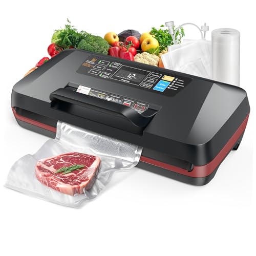 95KPa Vacuum Sealer Machine for Food, Automatic with Dual 12mm Heat Seal, 10-in-1 Modes, Built-in Cutter & Bag Storage, Includes 1 Roll and 10 Pre-Cut Bags