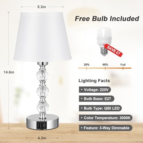 Aooshine Bedside Table Lamp, Crystal Touch Lamps Bedside with USB C+A Charging Ports, Small Bedside Lamp with 3 Way Dimmable, Bedroom Lamp with White Fabric Shade for Living Room (LED Bulb Included)