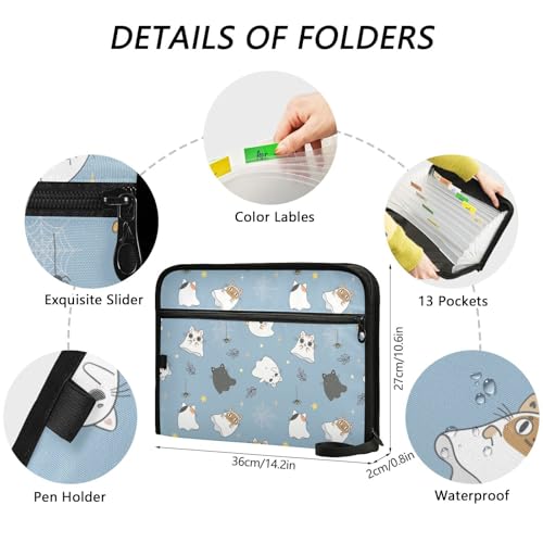 Pastas de arquivo fofas de gato fantasma gatinho de Halloween, pastas de plástico com 13 bolsos, pas