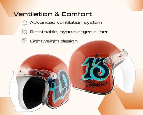 Image of Axor Retro Jet Sportz C13 ISI and DOT Certified Gloss Finish Open Face Helmet for Men and Women with Clear Visor- Orange Blue-L