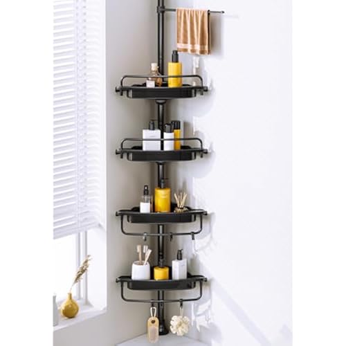 Rustproof Shower Caddy Tension Pole Corner Shower Caddy Organizer 4 Tier Adjustable Shelves with Tension Pole and Large Capacity for Bathtub Shampoo Accessories Storage Rack 38.8-122.7inch