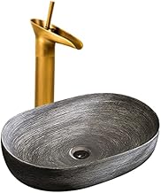Pia de banheiro retrô de tigela única de 23 '', bancada de cerâmica para banheiro, pia oval com torneira de cobre e kit de instalação, tamanho: 58 × 40 × 16cm 58 × 40 × 16cm