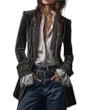 Chaqueta larga bordada de terciopelo de poliéster azul marino vintage, chaqueta pirata elegante a medida, blazer de terciopelo para mujer vintage, gris oscuro, XL