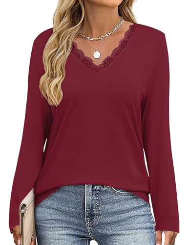 JUSTFASHIONNOW Shirts for Women Long Sleeve Lace Tops V Neck Solid Tshirt Plus Size Blouses Business Casual Fashion Tops Trendy Winter Clothes (Wine Red,XX-Large) — view 4