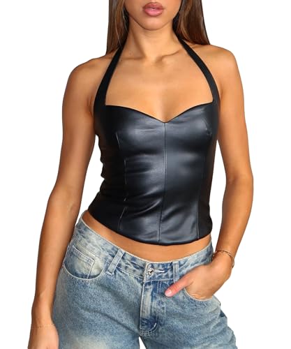 Coloquin Women Sexy Leather Top Sweetheart Neckline Halter Tops Backless Club Party Rave Going Out Tops Black XS by Coloquin - Used condition - Image 2