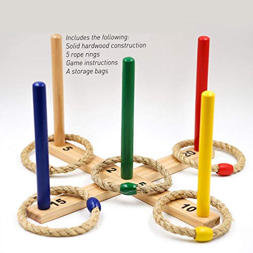 Sports Festival Wooden Ring Toss Game Set Comes with 5 Colors and 5 Rope Rings Carrying Case Compact and Easy to Use Portable
