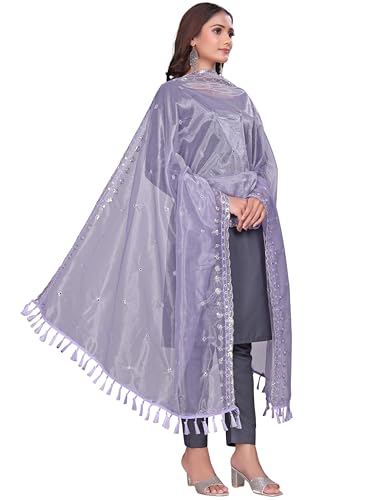 Image of KEMZA Organza Embroidered Dupatta with Mirror & Sequence Work, Tassel Lace Border, Floral Butti Design