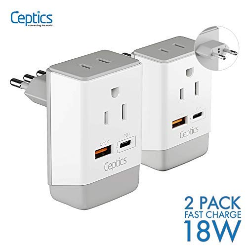 Image of Ceptics Italy, Chile Travel 2 Pack Plug Adapter QC 3.0 & PD, Safe Dual USB & USB-C - 2 USA Socket Compact & Powerful - Use in Rome, Milan, Greece - Type C, Type L - Fast Charging (AP-9C-12-PK)