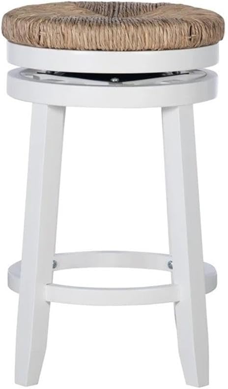 Pemberly Row 25.5" Transitional Wood Swivel Counter Stool, Rubberwood and Seagrass, White/Natural Finish, Counter Height, 360 Degree Swivel Seat, Sturdy Kitchen or Bar Seating