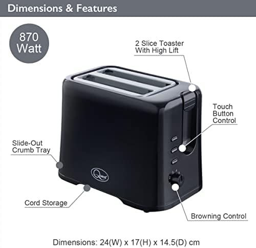 Quest 34289 2 Slice Toaster | Variable Browning Control | Reheat and Defrost | Crumb Tray and Cord Storage Black