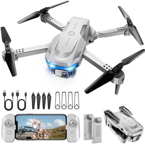 Drone with 1080P Camera - Foldable Remote Control Quadcopter with Voice Gesture Control, 3D Flip, One Key Start, Emergency Stop, 2 Batteries, Easier to use, Toy for Adults Beginners, Grey