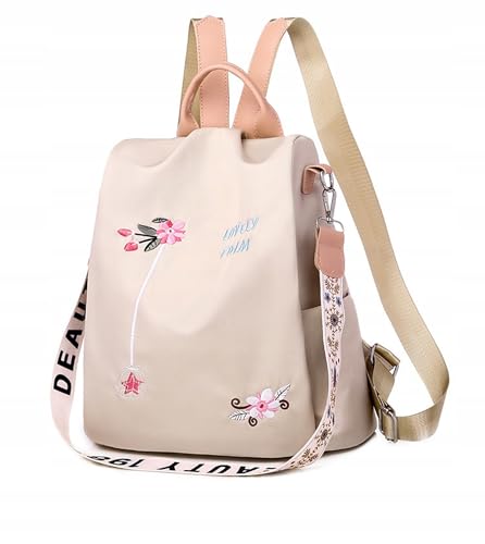 Little Angel Damen Rucksack mit Stickerei – 2-in-1 Rucksack & Handtasche mit Blumenmotiv – Umhängetasche multifunktional für Alltag, Reisen, Uni, Schule – Wasserabweisend, leicht, modisch (Beige)