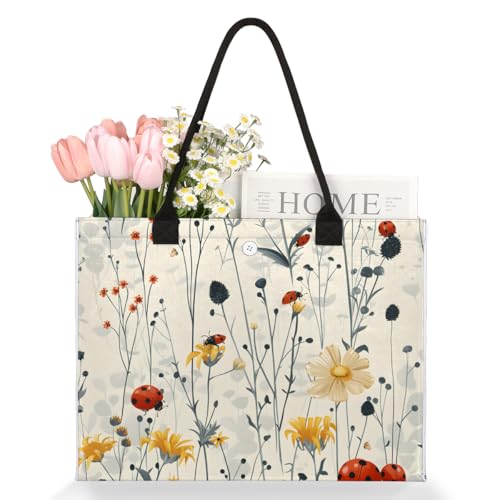 Floral Ladybird Tote Bag for Women Large Beach Bag Reusable Tote Bags for Work Travel Beach Shopping3