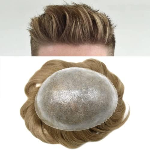 Toupee for Men Hairpiece Mens Hair Replacement System Full Injected PU Durable Skin Mens Toupee Wig Male Prosthesis Full Poly Skin Soft Human Hair Piece for Men Black Brown Blonde Grey (8"x10", #18 Medium Blonde-120% Medium Light to Medium Density)