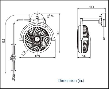 VIVI- 8 in. Wall Mount Swivel Fan with Folding Arm (Black)