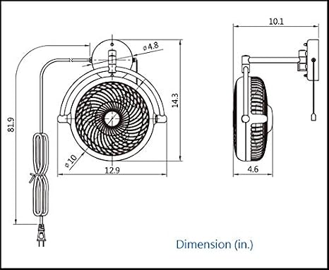 VIVI- 8 in. Wall Mount Swivel Fan with Folding Arm (Black)