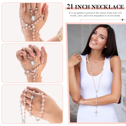 ROCEEI 20 Pcs Pearl Rosary Beads Necklace with Crucifix Cross,Pink by ROCEEI - Image 6