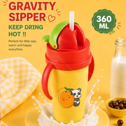Image of Nabhya Inner Stainless Steel & Outer Plastic 360ml BPA-Free Cute Animal Design Baby Sipper Kids Water Bottle with Straw and Side Handle for Kids (Pink)
