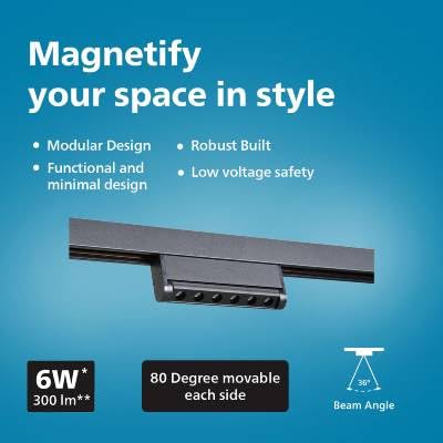 Image of Philips Webber 12W Narrow Blade Magnetic Track Light | Warm White LED | 48V DC Ceiling Light for Living Room, Home & Office | Profile Light for Modern Decor | Slim, Modular Lighting - Black Finish