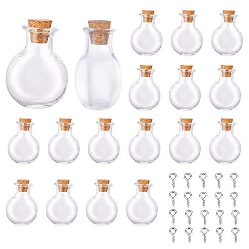 SUNNYCLUE 20Pcs Flat Round Mini Wish Bottles Tiny Glass Bottle Charms with Cork Stoppers Clear Wishing Jar Vial Bottle & 20Pcs Eye Pin Peg Bails for DIY Jewellery Pendants Making Crafts Party Decor